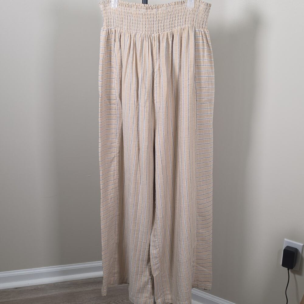 Joie Women’s 1X Beige/Blue/White Striped Smocked Pull-On Wide-Leg Pants 27"